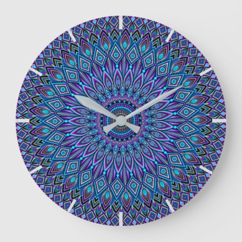 Mandala Meditation Blue Teal Purple Peacock Large Clock