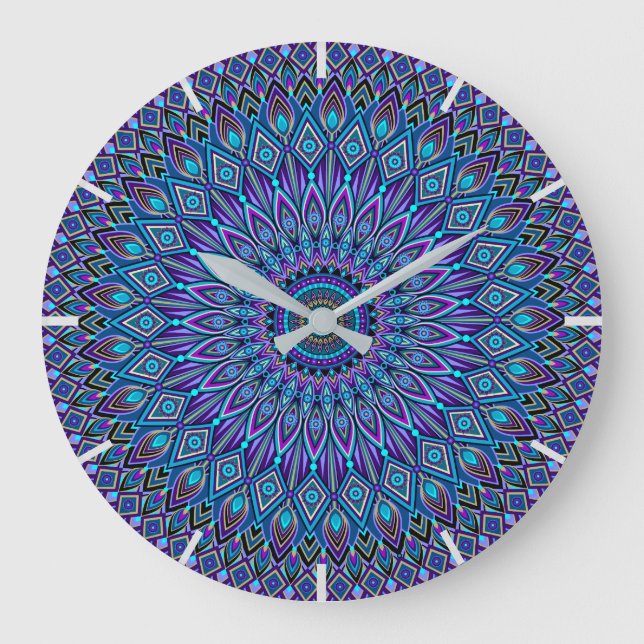 Mandala Meditation Blue Teal Purple Peacock Large Clock (Front)