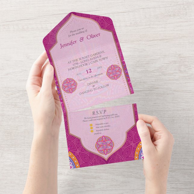 Mandala mix in Cerise Pink Blues & Orange All In One Invitation (Tearaway)