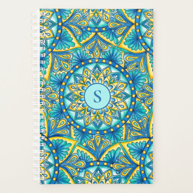 Mandala Monogram Blue Floral Turquoise Pattern Planner (Front)