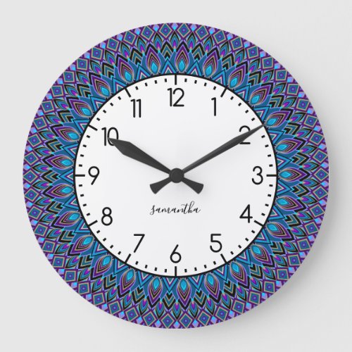 Mandala Monogram Blue Teal Purple Peacock Gold Large Clock