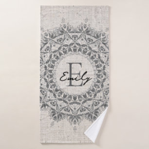 Mandala Name Monogram Monochrome Light Gray Bath Towel