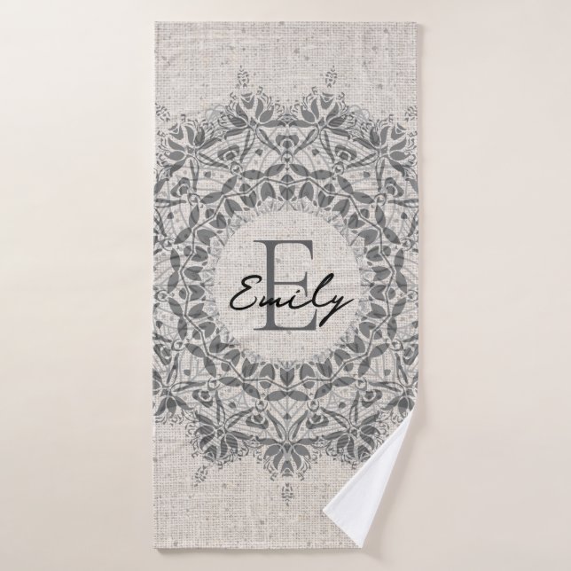 Mandala Name Monogram Monochrome Light Gray Bath Towel (Bath Towel)