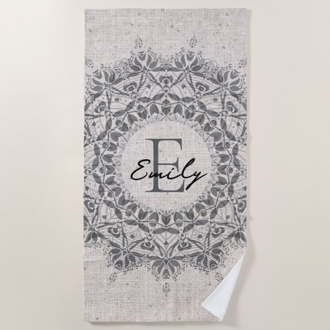 Mandala Name Monogram Monochrome Light Gray Beach Towel (Front)