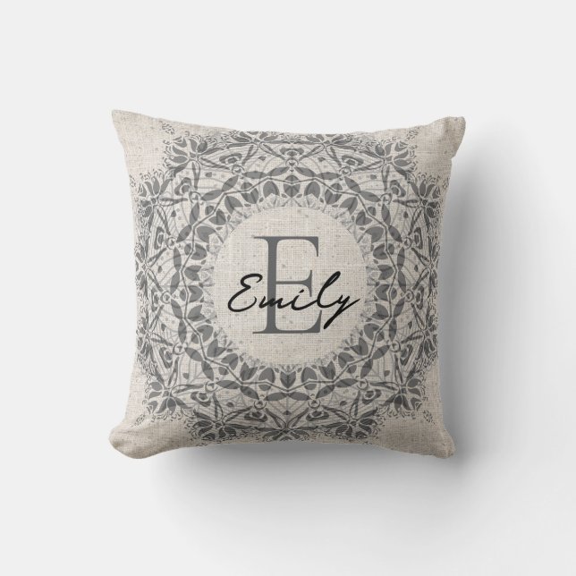Mandala Name Monogram Monochrome Light Gray Throw Pillow (Front)