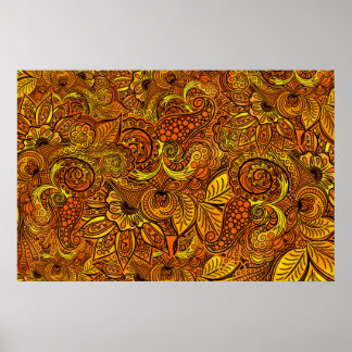 Mandala nature gold tentacles, flowers and leaves. poster