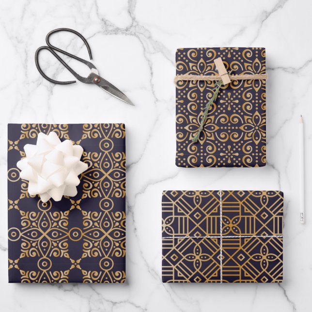  Mandala  Navy and Gold Square Wrapping Paper Sheets (Front)