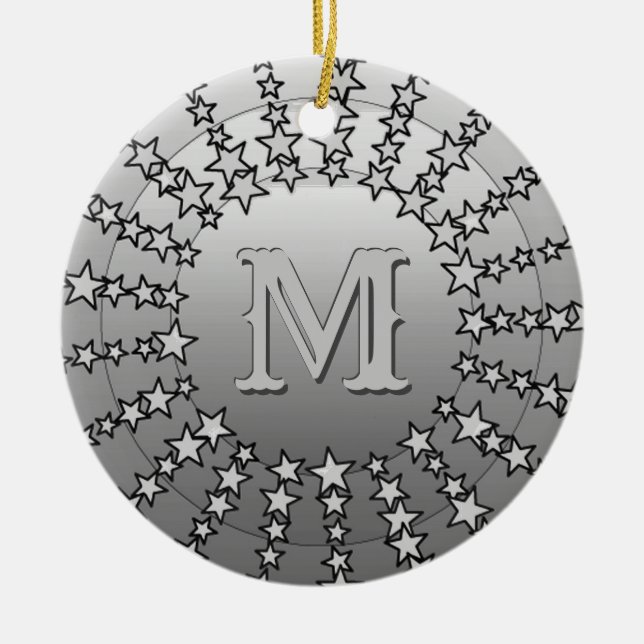 Mandala of Stars, Silver Gray Satin Gradient Ceramic Ornament (Front)