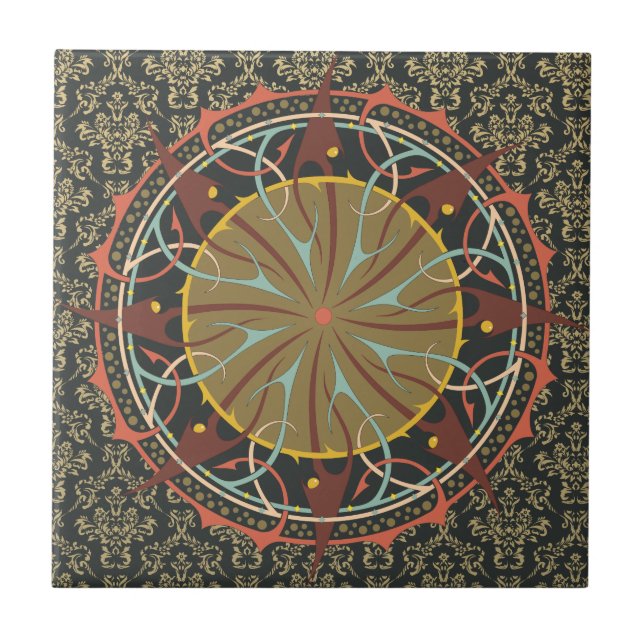 Mandala on damask Boho Bohemian retro Ceramic Tile (Front)