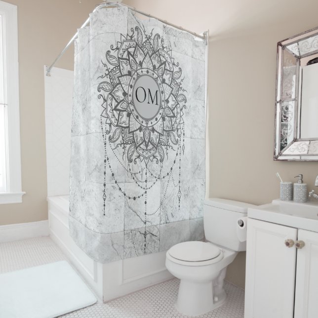 Mandala on Silver Marble  Shower Curtain (In Situ)