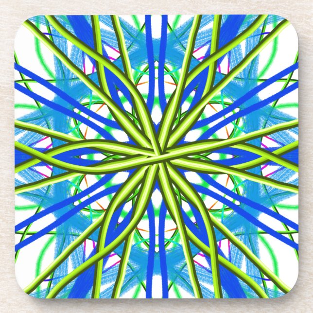 Mandala On White With Yellow And Blue Beverage Coaster (Front)