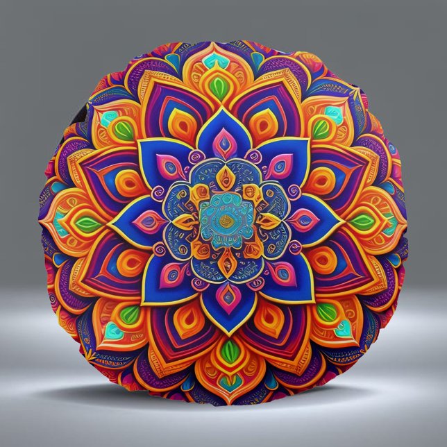 Mandala Orange Blue Abstract Illustration Round Pillow (Creator Uploaded)