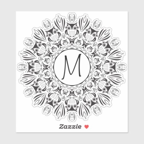 Mandala Owl Clear Round Monogram Sticker