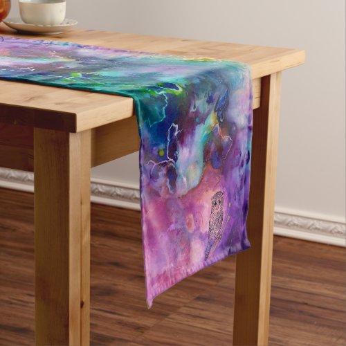 Mandala owl with golden flower and colorful fluid short table runner