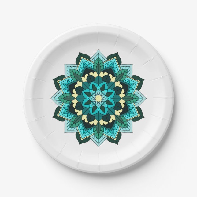 Mandala Pattern 02 in aqua Paper Plates (Front)