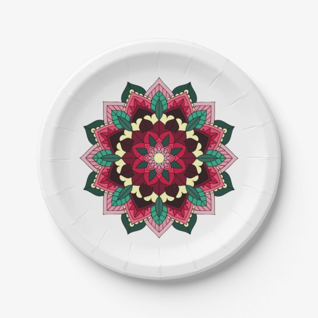 Mandala Pattern 02 in deep pink Paper Plates (Front)