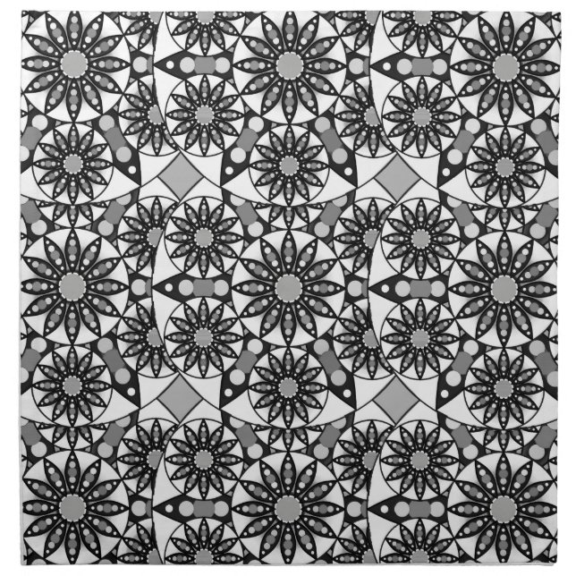 Mandala pattern, Black, White and Gray Cloth Napkin (Front)