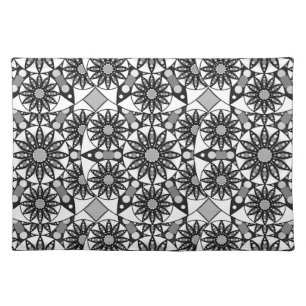 Mandala pattern, Black, White and Gray Cloth Placemat