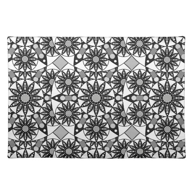 Mandala pattern, Black, White and Gray  Cloth Placemat (Front)