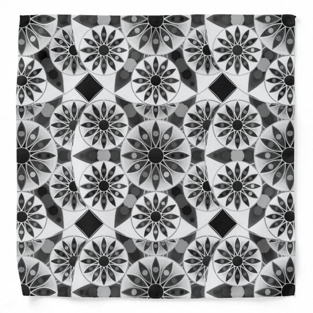 Mandala pattern , black, white and gray / grey bandana (Front)