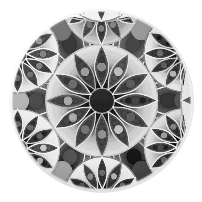 Mandala pattern , black, white and gray / grey ceramic knob (Front)