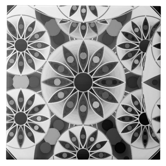 Mandala pattern , black, white and gray / grey ceramic tile (Front)