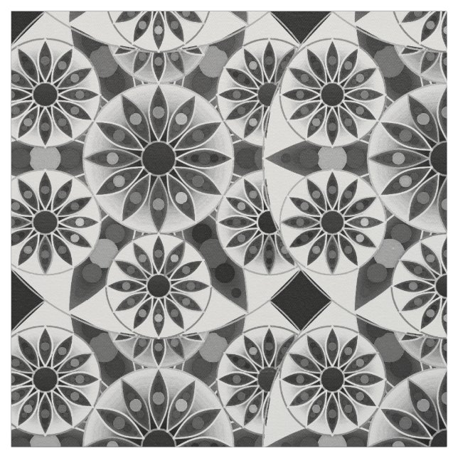 Mandala pattern , black, white and gray / grey fabric (Swatch)