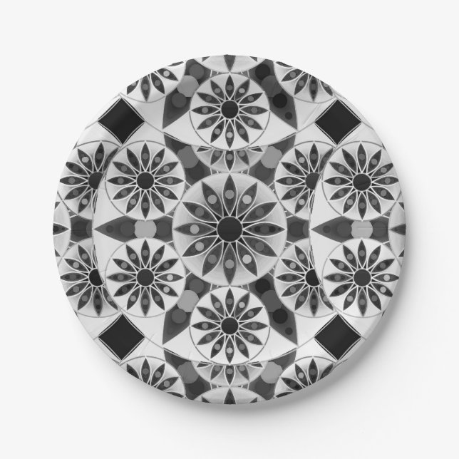 Mandala pattern , black, white and gray / grey paper plates (Front)