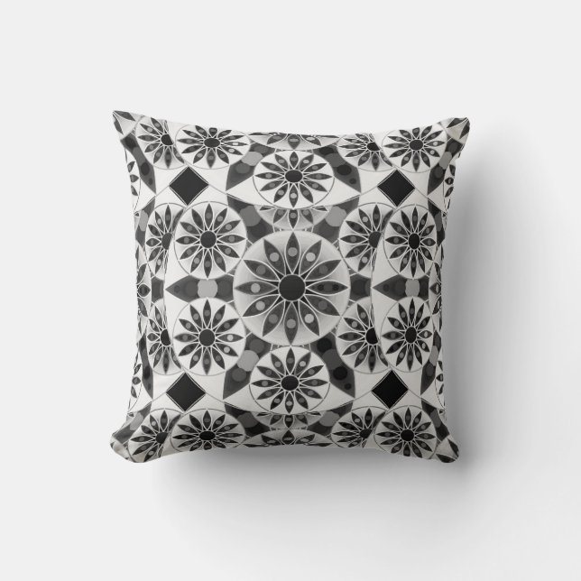 Mandala pattern , black, white and gray / grey throw pillow (Front)