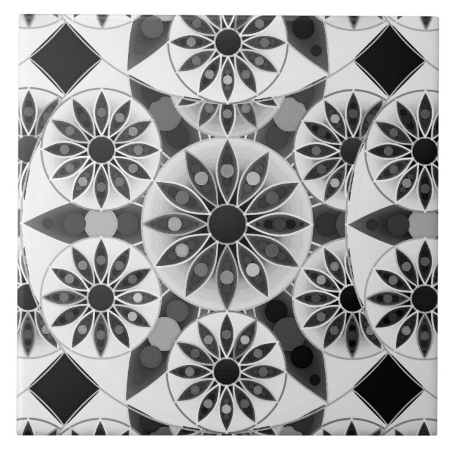 Mandala pattern , black, white and gray / grey tile (Front)