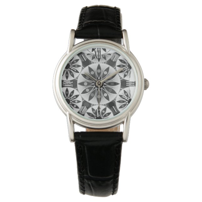 Mandala pattern , black, white and gray / grey watch (Front)