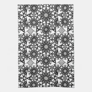Mandala pattern, Black, White and Gray Kitchen Towel