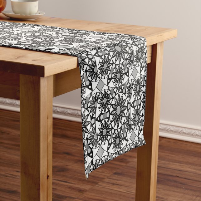 Mandala pattern, Black, White and Gray  Short Table Runner (In Situ)