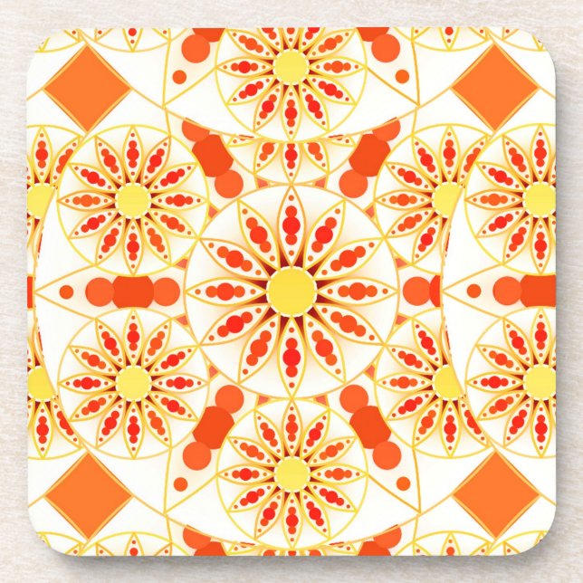 Mandala pattern, brick red, rust, gold beverage coaster (Front)