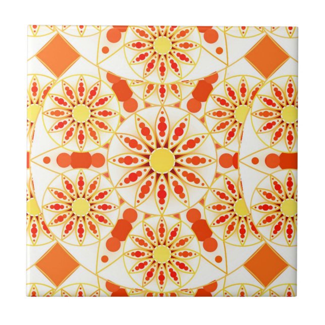 Mandala pattern, brick red, rust, gold ceramic tile (Front)