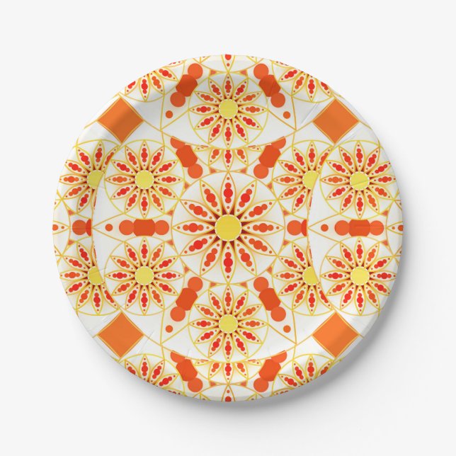 Mandala pattern, brick red, rust, gold paper plates (Front)