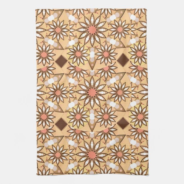 Mandala Pattern, Caramel Tan, Chocolate Brown Kitchen Towel (Vertical)