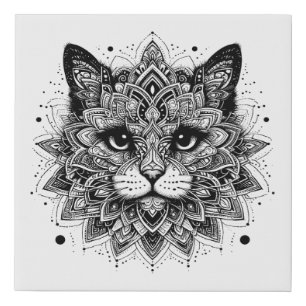 Mandala Pattern Cat Design Faux Canvas Print