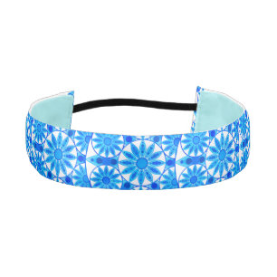 Mandala pattern, cobalt blue, turquoise and white athletic headband