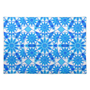 Mandala Pattern, Cobalt Blue, Turquoise and White Cloth Placemat