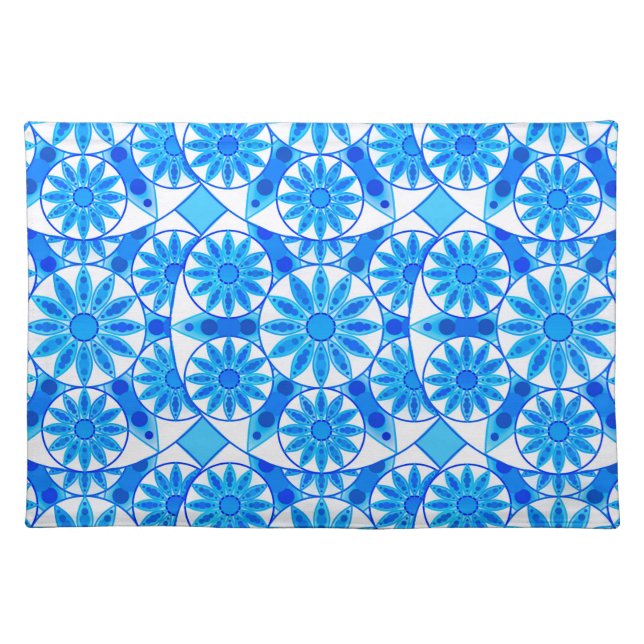 Mandala Pattern, Cobalt Blue, Turquoise and White Cloth Placemat (Front)