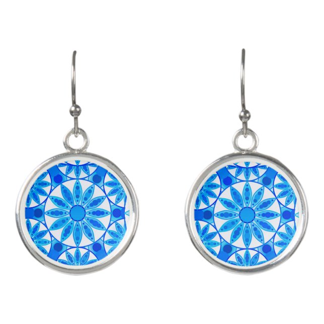 Mandala pattern, cobalt blue, turquoise and white earrings (Front)