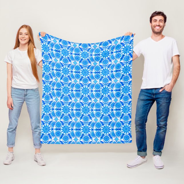 Mandala Pattern, Cobalt Blue, Turquoise and White Fleece Blanket (In Situ)