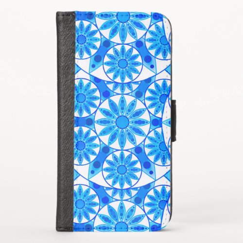 Mandala pattern cobalt blue turquoise and white iPhone XS wallet case