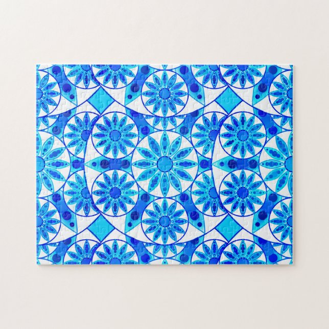 Mandala Pattern, Cobalt Blue, Turquoise and White Jigsaw Puzzle (Horizontal)