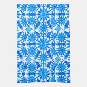 Mandala Pattern, Cobalt Blue, Turquoise and White Kitchen Towel