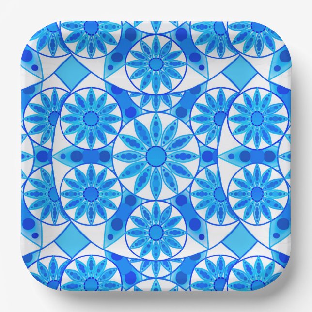 Mandala pattern, cobalt blue, turquoise and white paper plates (Front)