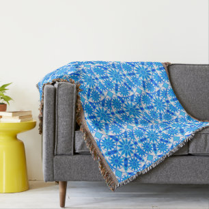 Mandala pattern, cobalt blue, turquoise and white throw blanket
