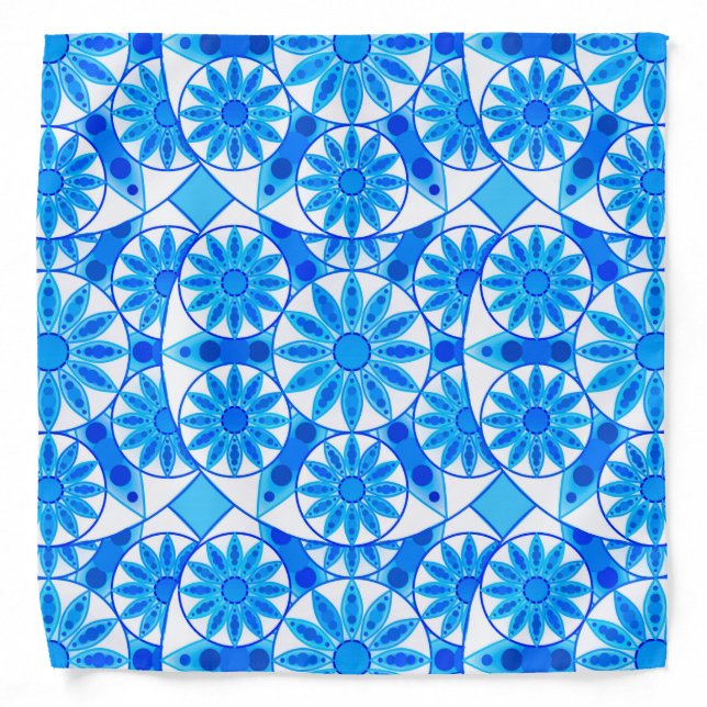 Mandala pattern, cobalt, turquoise and white bandana (Front)