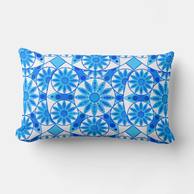 Mandala pattern, cobalt, turquoise and white lumbar pillow (Front)